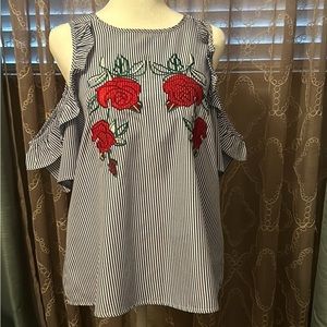 Blue/white striped shirt with beautiful embroidered red roses
